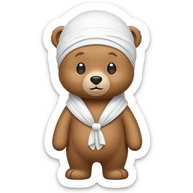 Full-body standing brown bear wearing a white durag on its head, cute emoji style sticker