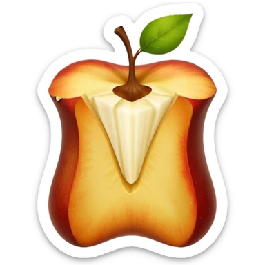 an apple core with jagged edges and a small stem sticker