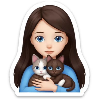 a pretty girl with long dark 
brown hair, with blue eyes, hugs 3 different natural coloured small cats sticker