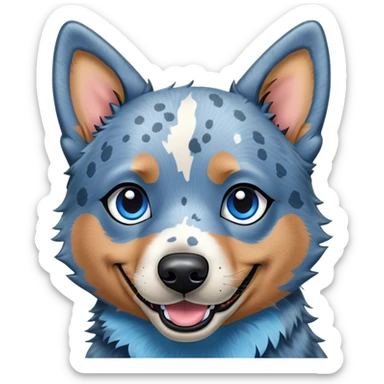 Cinematic Comical Blue Speckle Australian Cattle Dog Portrait Emoji, Head tilted dramatically with an exaggeratedly amused expression, featuring a striking blue speckle Fur with bold patterns, wide, expressive blue eyes filled with playful disbelief, Simplified yet hilariously expressive features, highly detailed, glowing with a slightly sassy glow, high shine, dramatic yet playful, stylized with an air of cheeky charm, bright and endearing, soft glowing outline, capturing the essence of a spirited and over-the-top herder, so meme-worthy it feels like it could side-eye its way into internet fame instantly! sticker