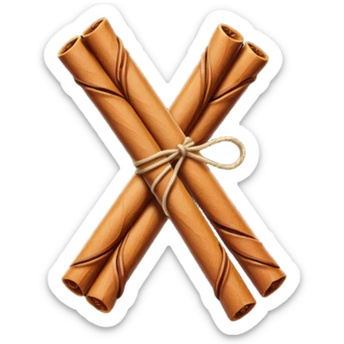 A simple, minimalist flat vector icon of two cinnamon sticks tied with a small string. Clean lines, soft brown tones, white background, high contrast, center framing. No shadows, no text, professional graphic design style. sticker