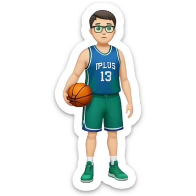 Full Body plus size tall white male with dark short hair basketball player wearing glasses wearing blue  with green uniform sticker