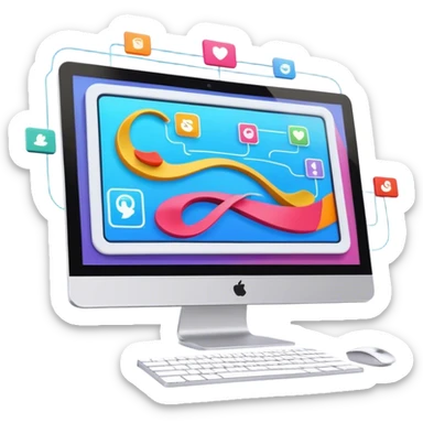 Animation and motion design. A computer screen with an animation timeline, moving frames. Display a cartoon or animated scene on the screen. Include motion design elements like flowing lines, curves, or rotating objects. Modern, creative colors. No emojis or smiley faces. Transparent background. sticker