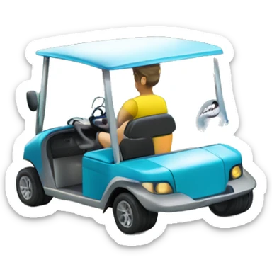 Golf cart driving into the beach while sharks relax on the waves sticker