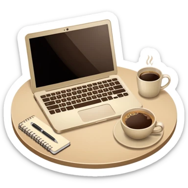 Laptop on the beige table, coffee and notebook sticker
