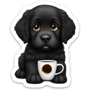 Black Newfoundland puppy w coffee cup  sticker