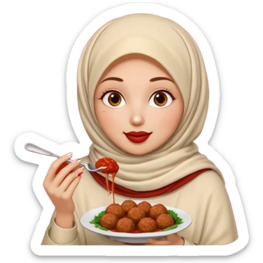 woman wearing a cream colored pashmina hijab eating meatballs sticker