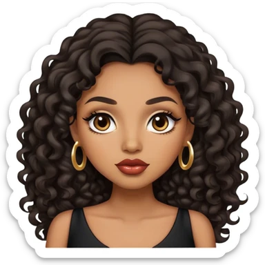 light brown skin tone, very beautiful woman, with big plump lips, long long lashes, black curly long hair, brown eyes, black dress sticker