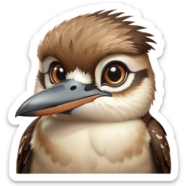 cinematic-cute-kookaburra-portrait-emoji,-head-tilted-playfully-and-inquisitively,-featuring-a-glossy-brown-plumage-with-subtle-cream-accents-and-a-perky,-expressive-beak,-round,-sparkling-large-eyes-filled-with-curious-mirth,-simplified-ye copy 2 sticker