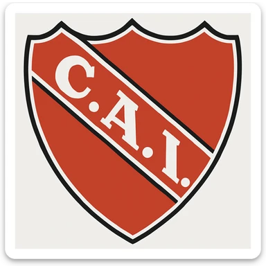 Change the letters 'C.A.I.' inside the white diagonal band to white, keeping the black dots between the letters. Maintain the classic soccer shield style with a three-pointed top, rounded base, white outline, and intense red background. The letters should remain bold, simple, and legible, centered in the band, with no background added. sticker