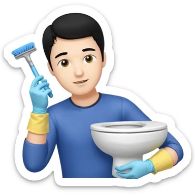 BLACK HAIR LIGHT SKIN MAN cleaning the toilet sticker