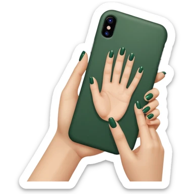 female hand with nude manicure (5 fingers) holding iPhone in dark green case, front view, minimalism, emoji style sticker