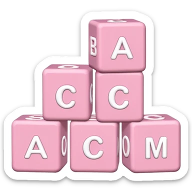 three Light pink and white toy alphabet blocks stacked with different letters sticker