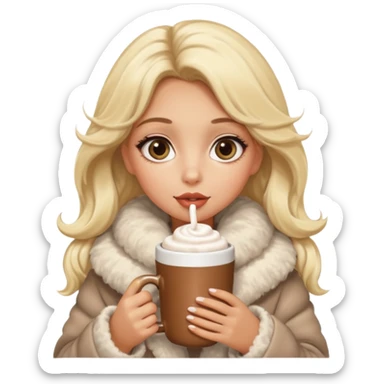 Tanned Girl with lashes , blonde hair, in an extremely big fluffy oversized coat and hold hot chocolate drink and big eyes like dog, big lip sticker