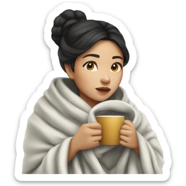 Asian girl wrapped in cozy blanket drinking coffee sticker