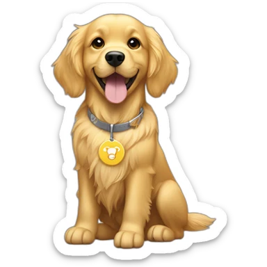 Golden retriever flying wearing dog tag with Shibuya written on it sticker