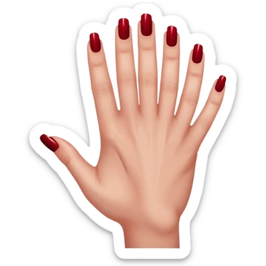 left hand of a woman with all five fingers painted in dark red nail polish, glossy finish, deep saturated red, smooth gradient, minimal details, clean and shiny
 sticker