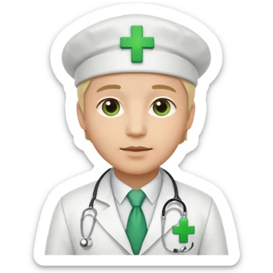 a doctor in white suit with a doctor hat with green cross sticker