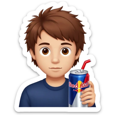 Boy with a red Bull Energy Drink in his hand and fluffy hair sticker