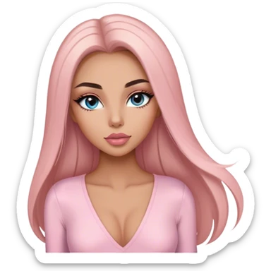 Glamours, tanned, very beautiful girl, with big pump peach-beige-rose lips, long long lashes, black straight smooth silky long hair, straight parting hair, blue-grey eyes in light pink long-sleeves v-neck bodysuit sticker