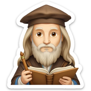 cinematic-realistic-leonardo-da-vinci-portrait-emoji,-depicted-as-the-quintessential-renaissance-polymath-with-deep,-thoughtful-eyes,-a-flowing-beard,-and-a-quill-or-sketchbook-in-hand.-the-scene-is-illuminated-with-warm,-classical-light sticker