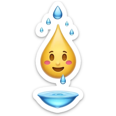 3D iPhone style emoji of a liquid drop falling, glossy and translucent, mid-air motion, isolated on white background, soft shadows, high detail, playful and cute. sticker