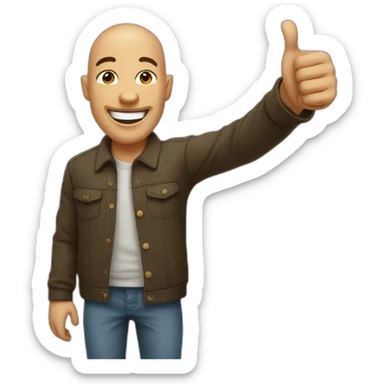 a man 1.60 meters tall, with a shaved head, making a huge smile and giving the thumbs up gesture sticker