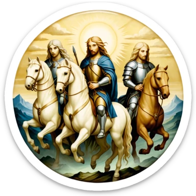 aesthetic shiny glowing divine lighting, oil paint - ivory The Four Horsemen of the Apocalypse, based on a graphic by Albrecht Dürer sticker