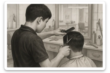 yuzi ko'rinmasin sartaroshxonada ishlayotganini tasvirlab ber mijozlarni sochini olayotganini o'smirin davrini sticker