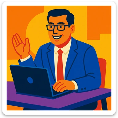 A 35-year-old male business coach sitting at a table with a laptop sticker