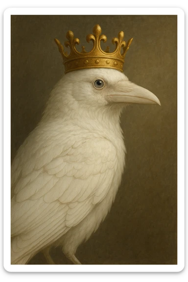 a white crow with a crown sticker