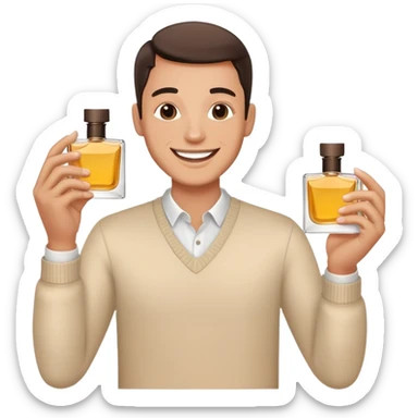 A man holding  a perfume bottle make him look happy  sticker