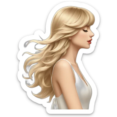 taylor swift side profile longer hair flying wind blowing, eyes closed white strap dress sticker