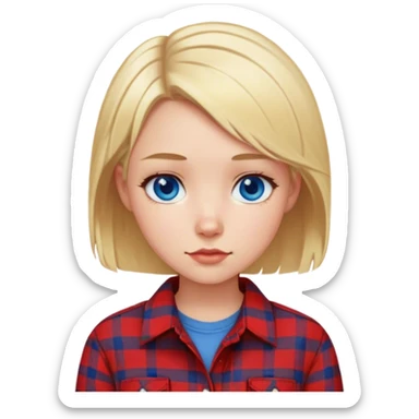 a girl with short blonde hair wearing a red flannel shirt with dark blue eyes  sticker