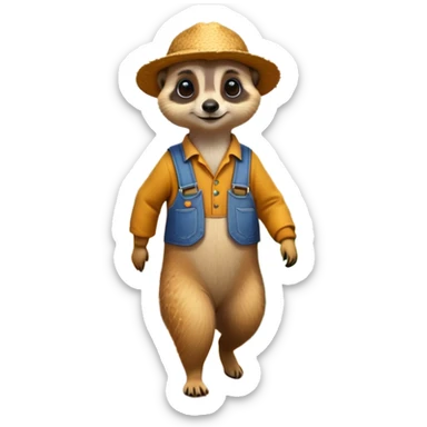 A Meerkat, dressed as a farmer, walking in the field with flowers and bushes surroundings and butterflies flying above  sticker
