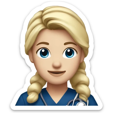 Nurse with blonde hair, ponytail, blue eyes, navy blue scrubs and a stethoscope sticker