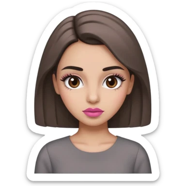 Hidjab girl that is wearing gray dress, and her brow is thick so her eyelash is tall and rumol is pink sticker