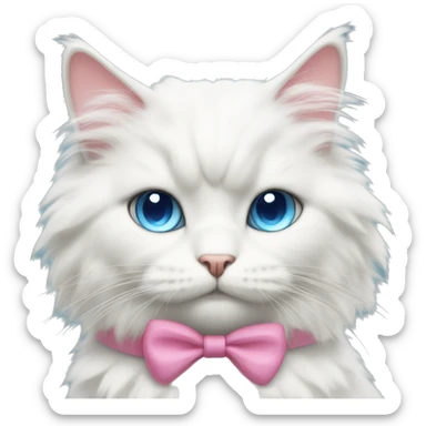white fluffy cat with blue eyes wearing a pink bow  sticker