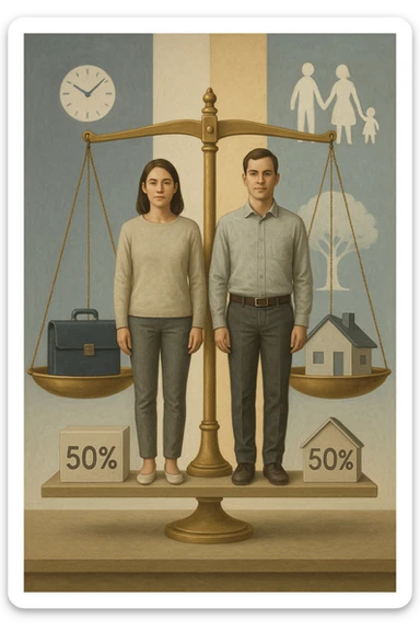 Uomo e donna in piedi l’uno accanto all’altra, al centro di una bilancia perfettamente in equilibrio. Entrambi vestiti in modo simile (moderno e neutro), con espressioni serene e rispettose. Sotto i loro piedi, due blocchi con scritto '50%' ciascuno. Sullo sfondo, elementi divisi simmetricamente: lavoro, famiglia, tempo libero, rappresentati equamente da entrambi. Atmosfera armoniosa, illuminazione equilibrata, colori neutri e simbolici (bianco, grigio, blu e oro). Stile realistico con accento simbolico sul concetto di equità in italiano sticker