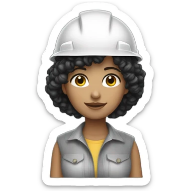 a constructor woman with curly black hair and white helmet sticker