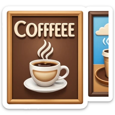 A 3D cartoon coffee shop advertisement poster hanging on a wall, showing a cup of coffee, visible border, flat lighting, Memoji-style. sticker