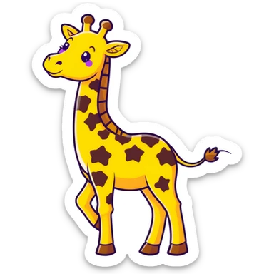 joyful cartoon giraffe dancing on hind legs, front hooves raised, big toothy smile, stars in eyes, bright yellow and brown, thick black outlines sticker