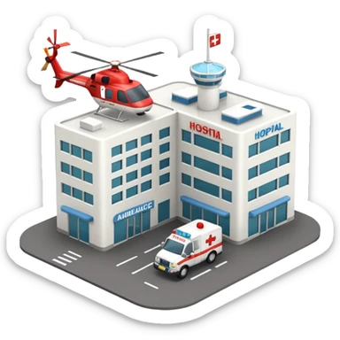 3d hospital outside, with text hospital, ambulance, helicopter , no background sticker