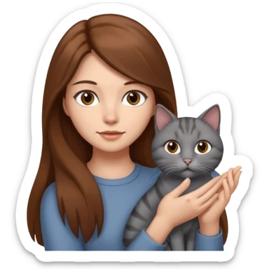 woman with gray cat on her hand, brown long hair sticker