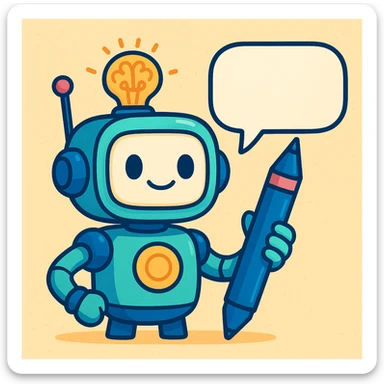 a robot with a speech bubble and pen, creative, for a writing assistant sticker