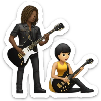 male guitarist, black electric guitar with golden stripes and female pianist sticker
