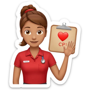 Happy instructor female brown hair whit board hair up red shirt add CPR to white board sticker