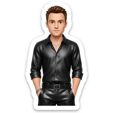 Shane Filan from Westlife with hazel eyes, brown hair, black metallic shirt, black metallic baggy pants, silver necklace sticker
