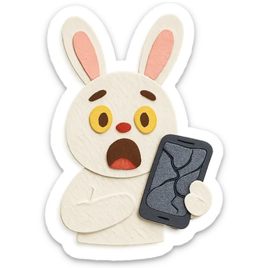 white bunny holding cracked phone with shocked face, paper-craft style sticker