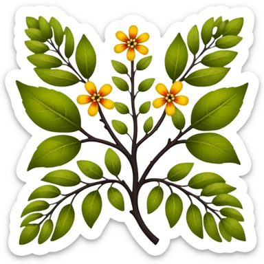 dull green leaves & colorful flowers filigree design & small fruits & ebony branches, extremely detailed, complex design sticker